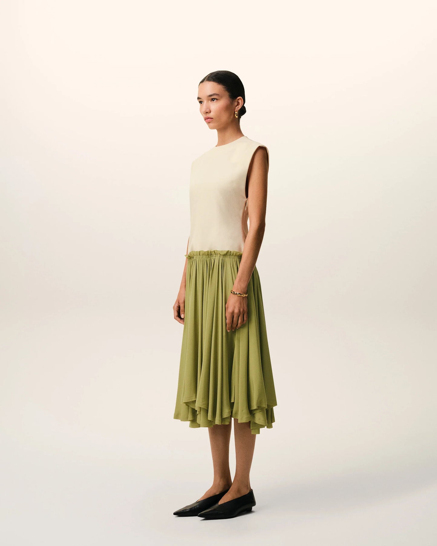 White And Green Bicolor New Wool Midi Dress