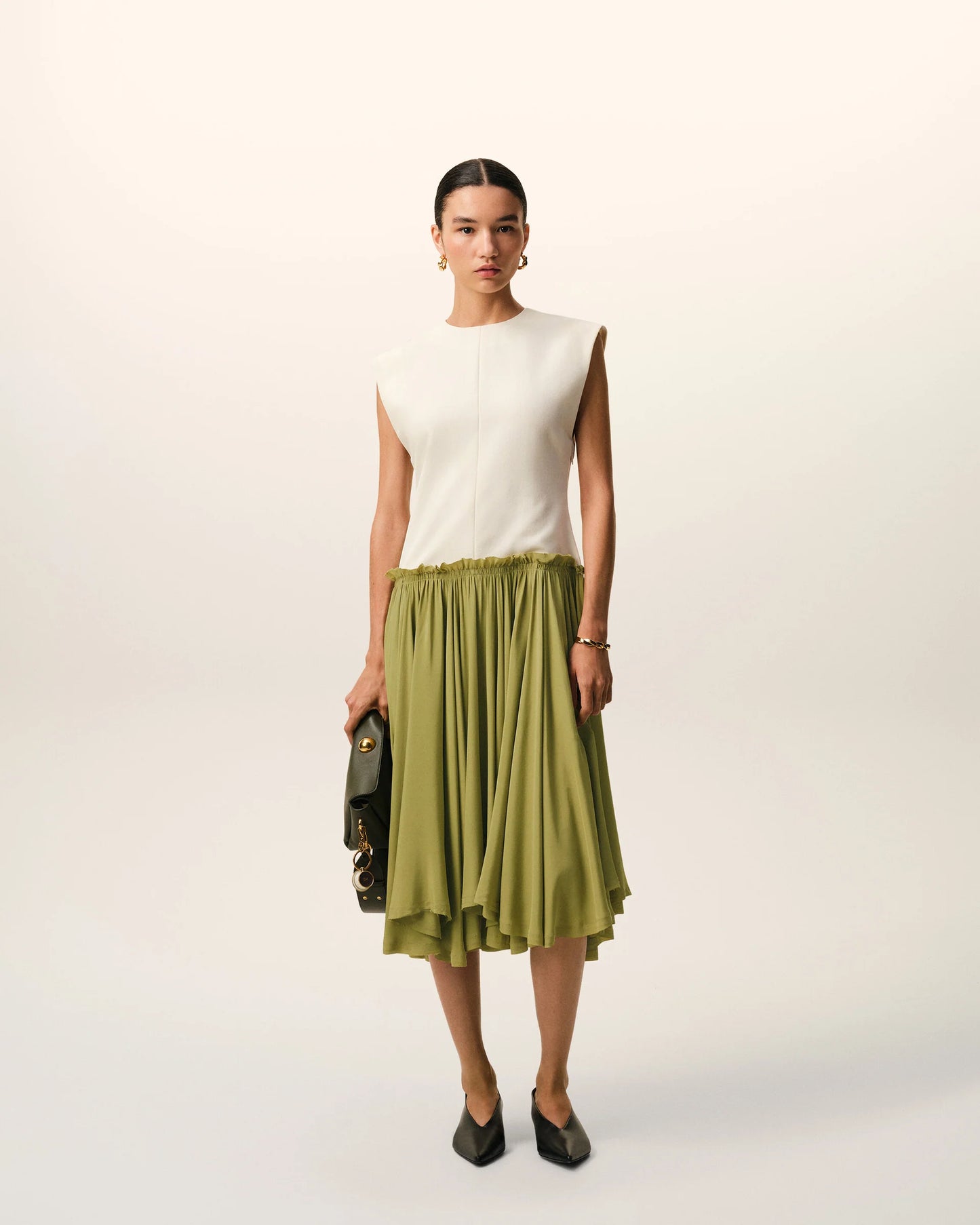 White And Green Bicolor New Wool Midi Dress