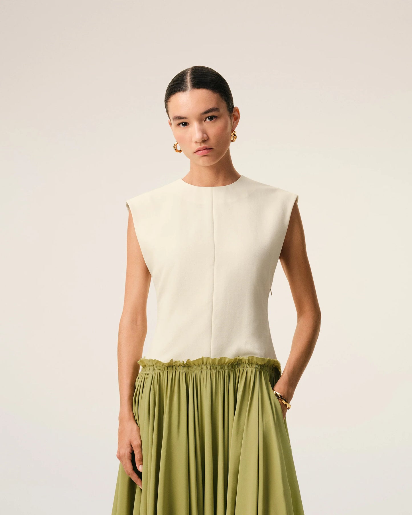 White And Green Bicolor New Wool Midi Dress