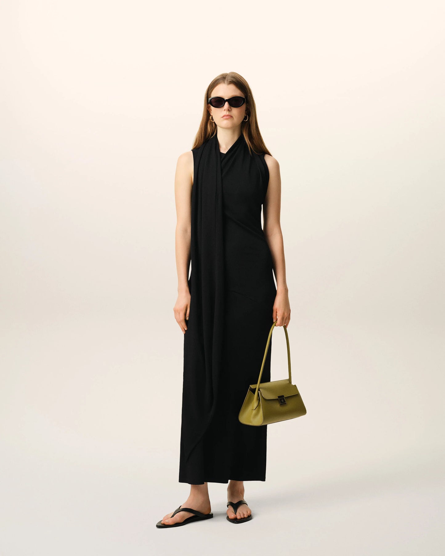 Long sleeveless lavaliere dress in crepe jersey