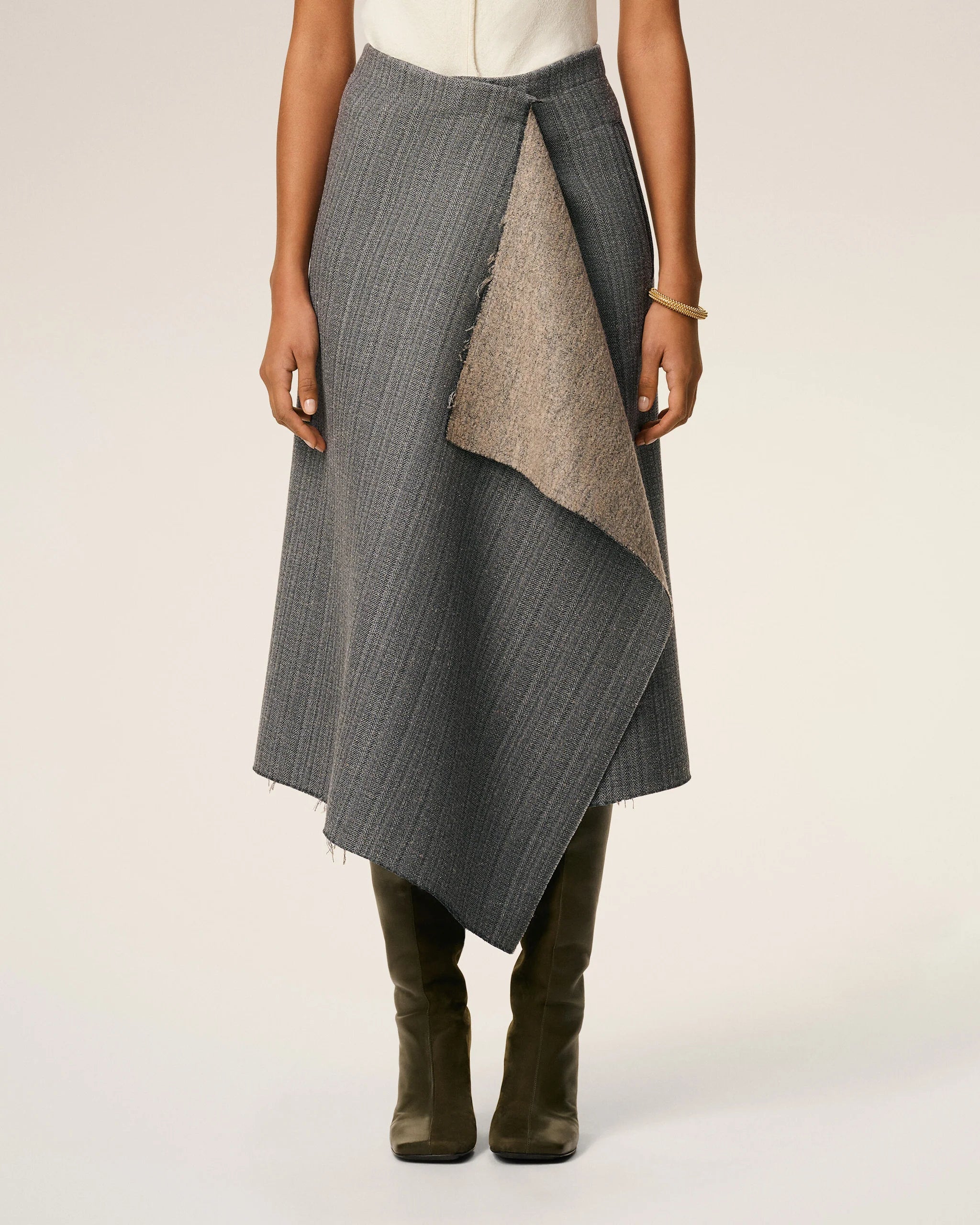 Wool Midi Herringbone Wrapped Skirt