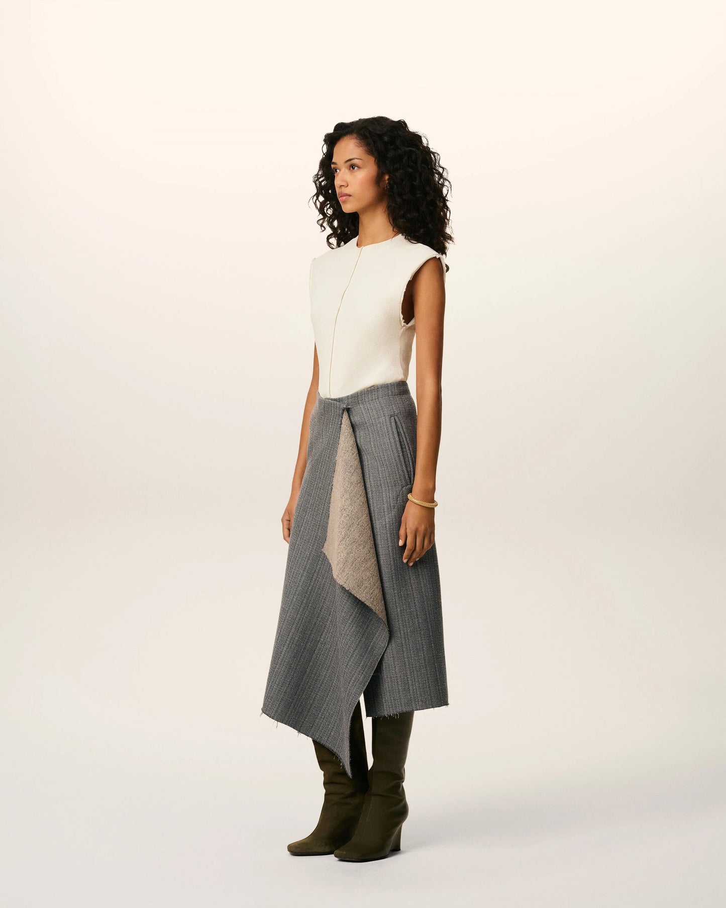 Wool Midi Herringbone Wrapped Skirt