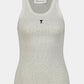 A light gray ribbed knit tank top with a small black embroidered logo on the chest, displayed against a light gray background.