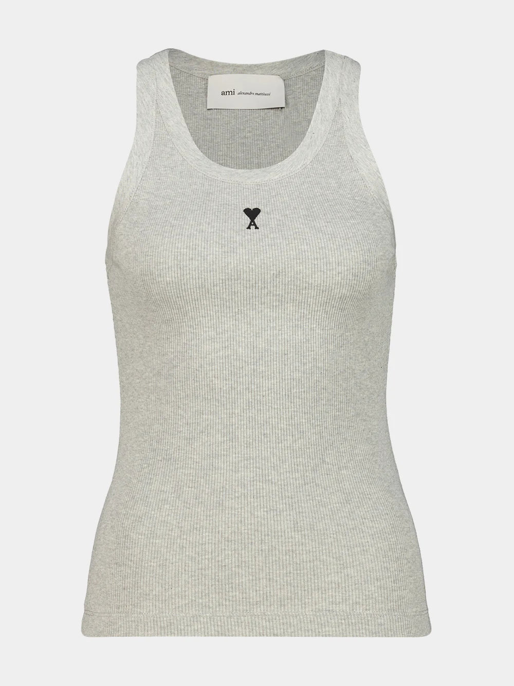 A light gray ribbed knit tank top with a small black embroidered logo on the chest, displayed against a light gray background.