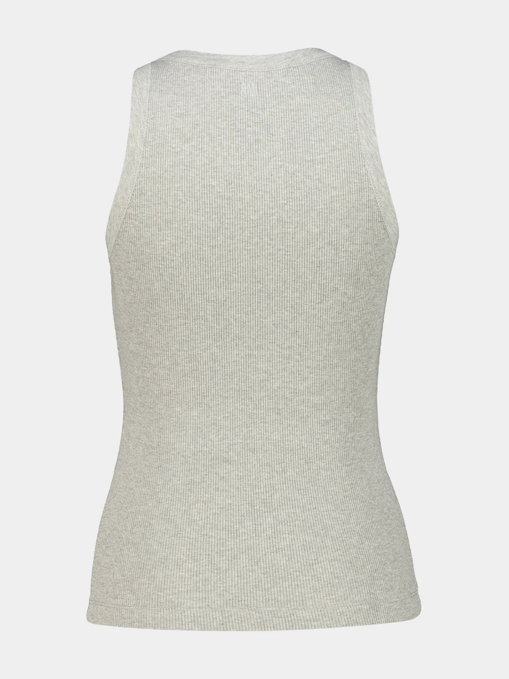 A light gray ribbed knit tank top with a small black embroidered logo on the chest, displayed against a light gray background.