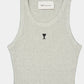 A light gray ribbed knit tank top with a small black embroidered logo on the chest, displayed against a light gray background.