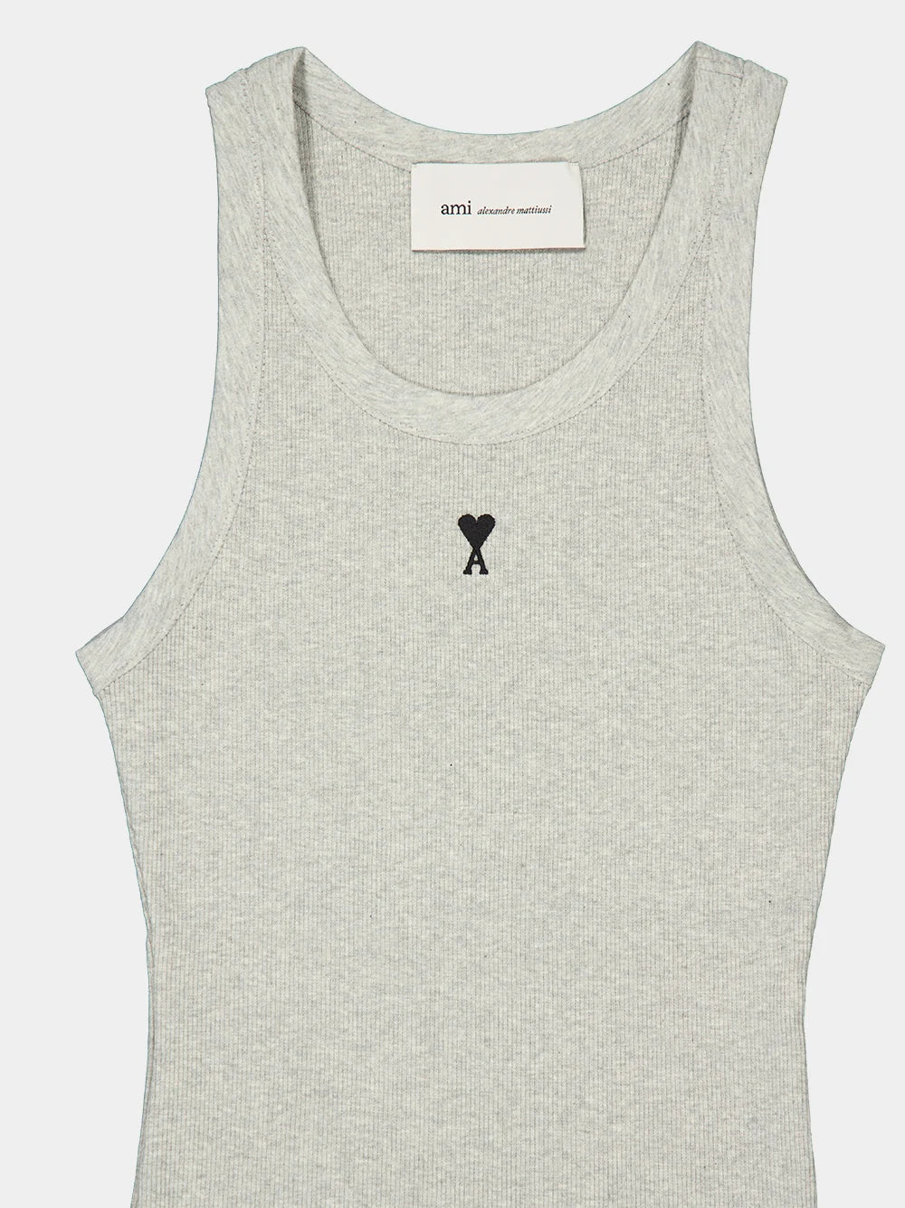 A light gray ribbed knit tank top with a small black embroidered logo on the chest, displayed against a light gray background.