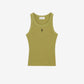 Green tank top with a small black logo on a beige background