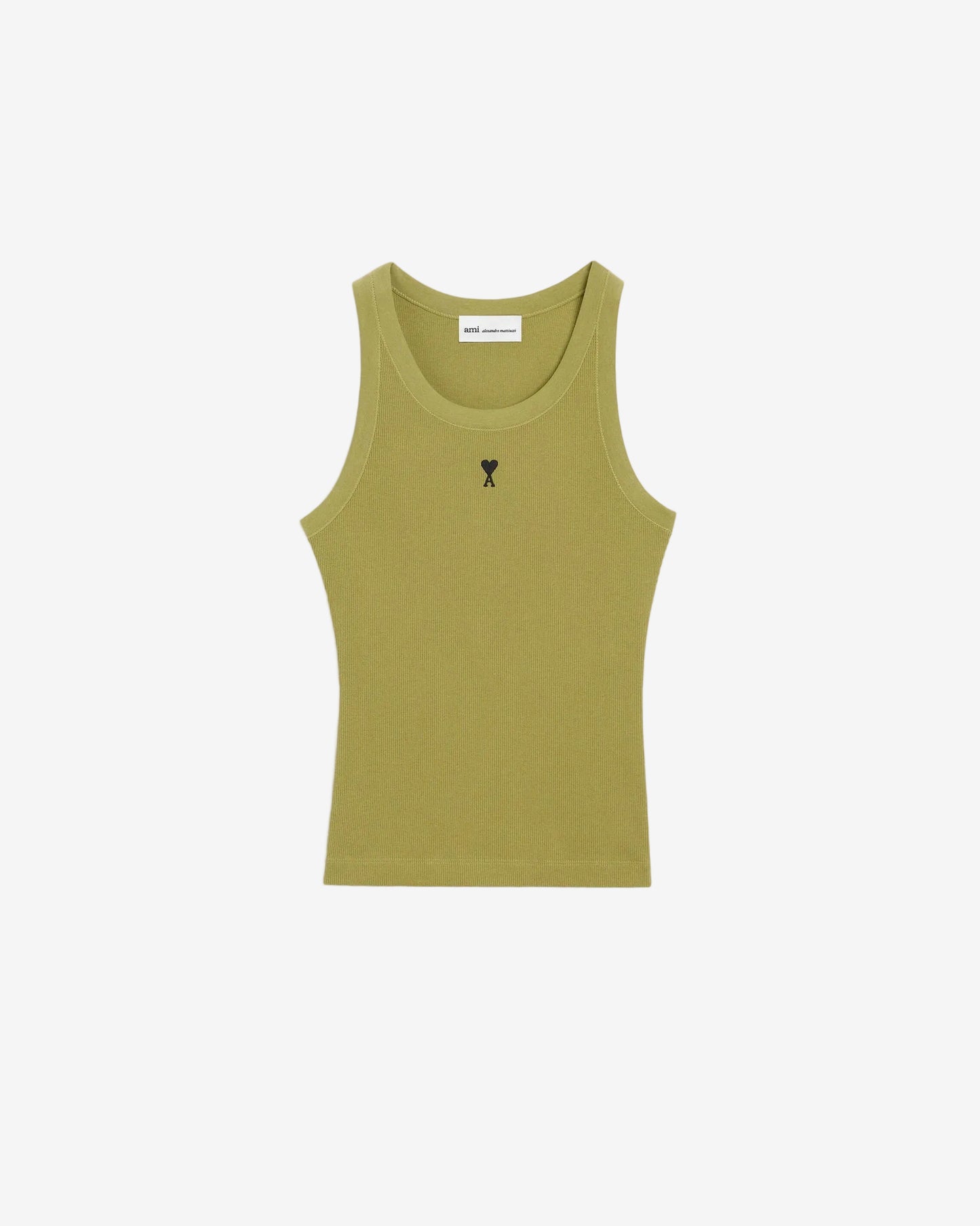 Green tank top with a small black logo on a beige background