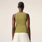 Green tank top with a small black logo on a beige background