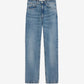 Pair of blue jeans on a light beige background