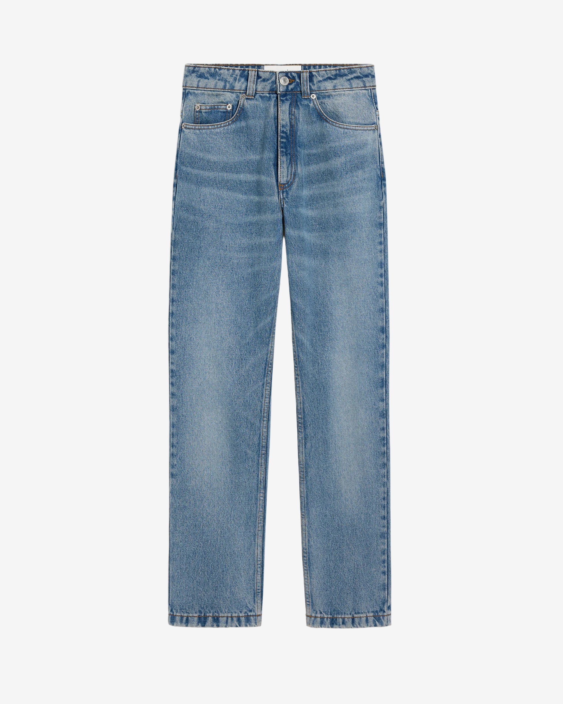 Pair of blue jeans on a light beige background