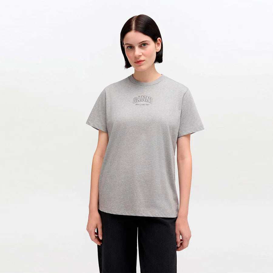 Gray t-shirt with Ganni logo on a white background