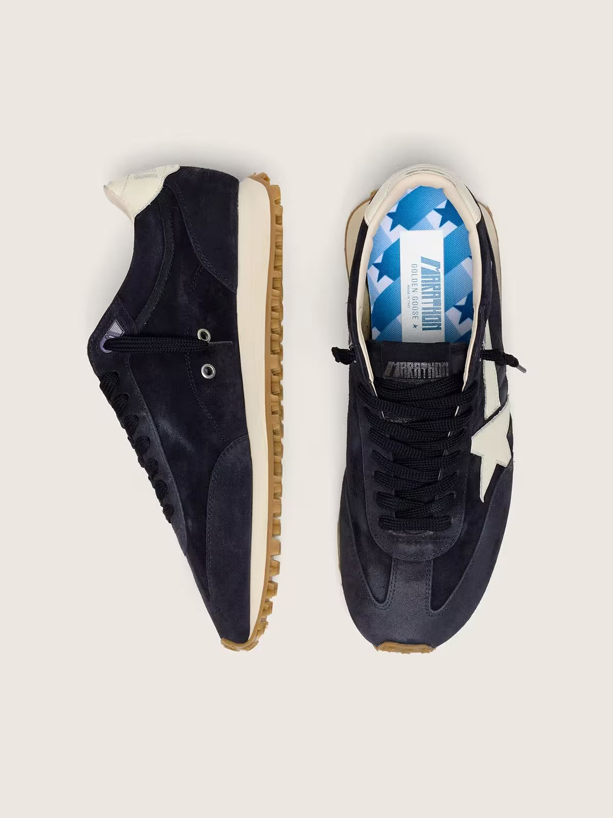 Men’s Marathon in blue navy suede with white leather star and heel tab