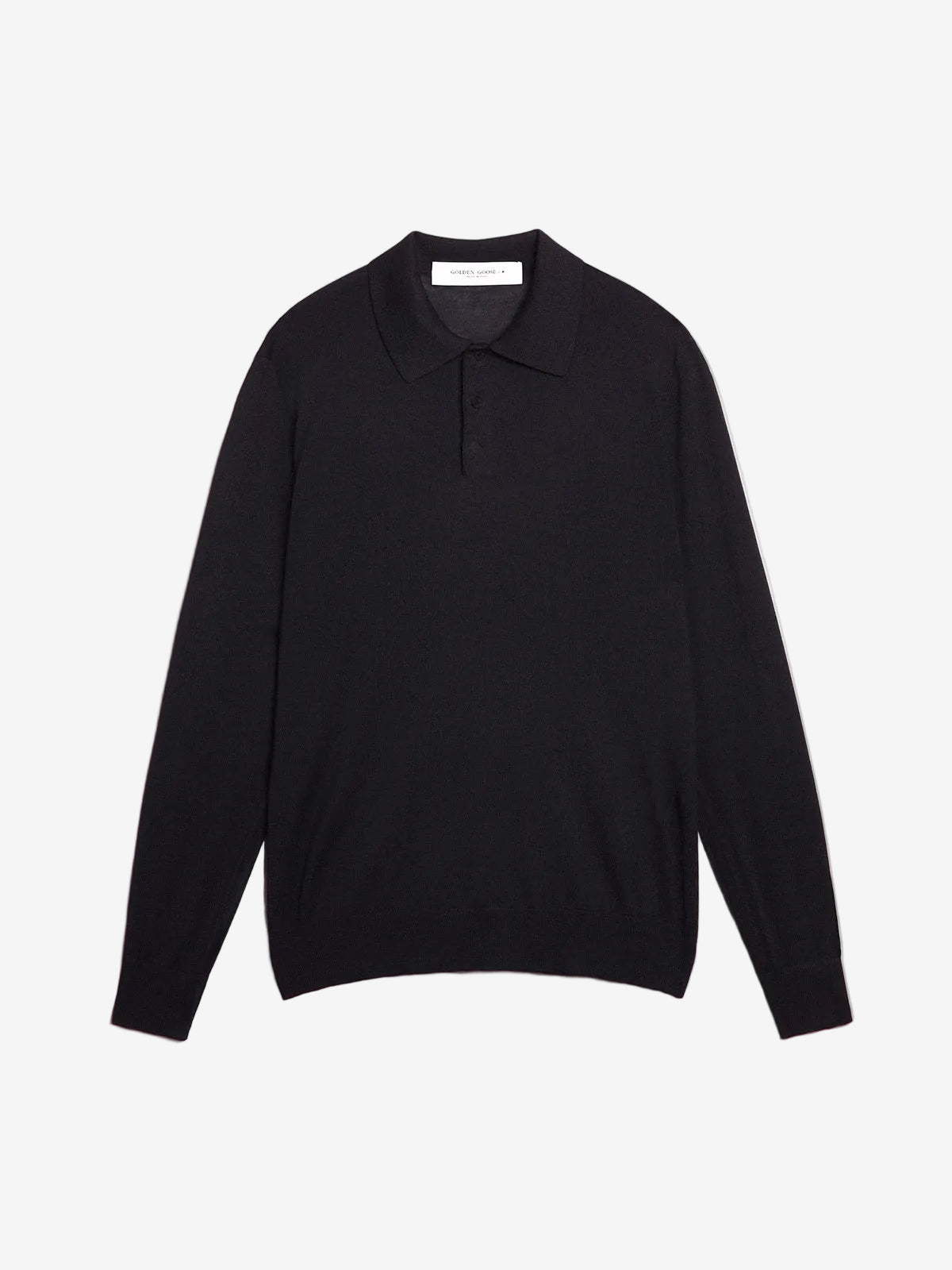 Men’s long-sleeved polo shirt in navy-blue merino wool