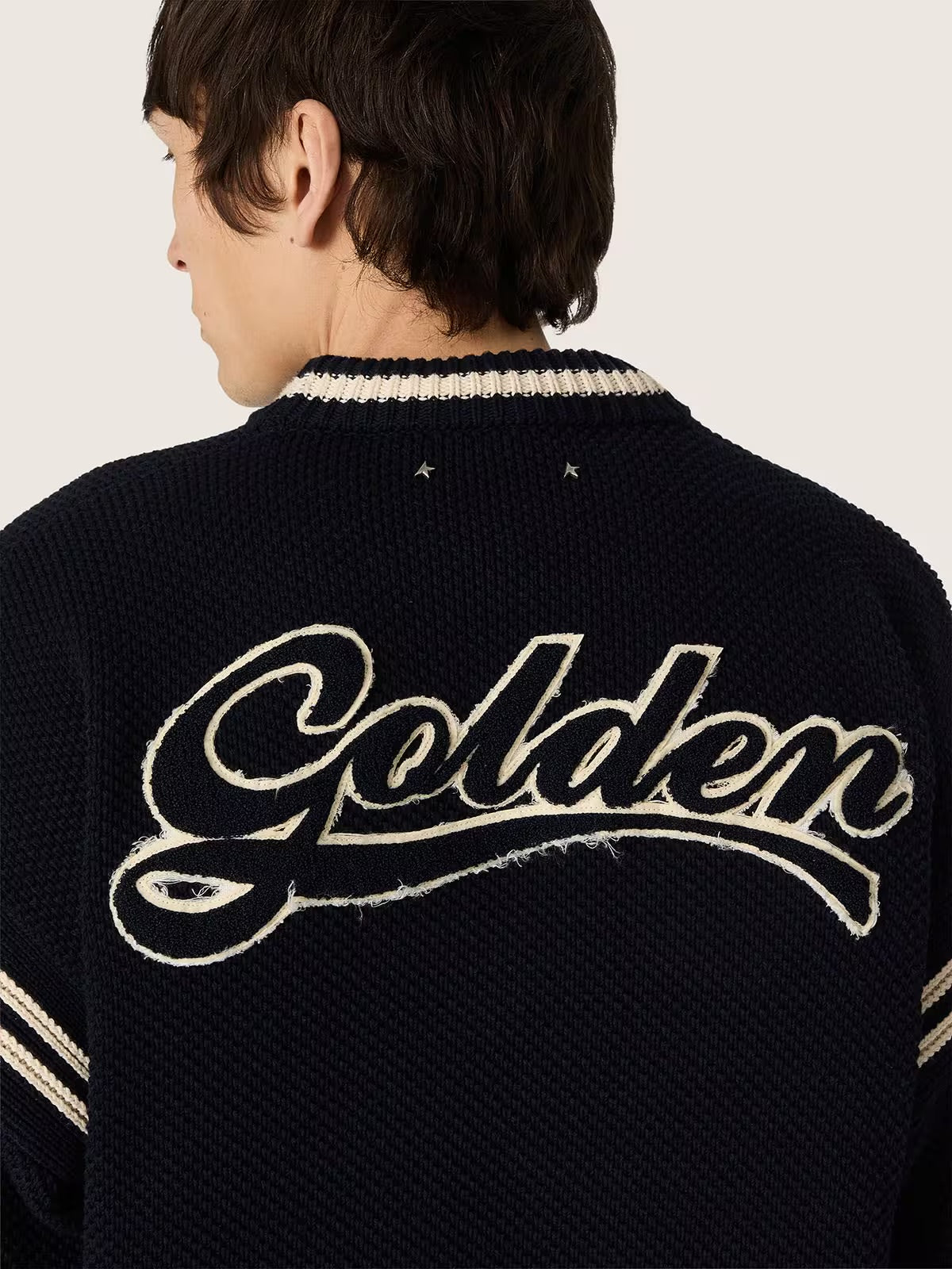 Men's boxy sweater in dark blue cotton with embroidery