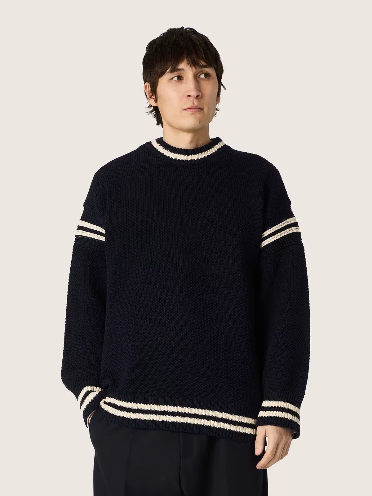 Men's boxy sweater in dark blue cotton with embroidery