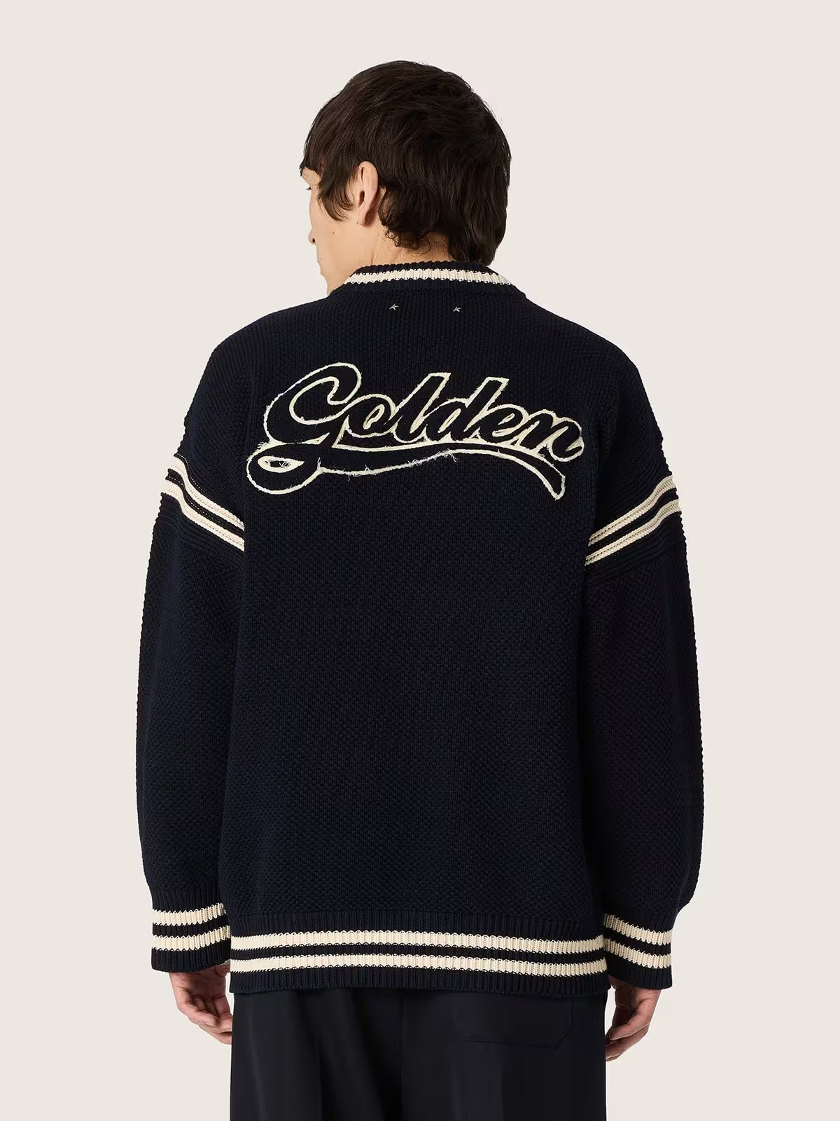 Men's boxy sweater in dark blue cotton with embroidery