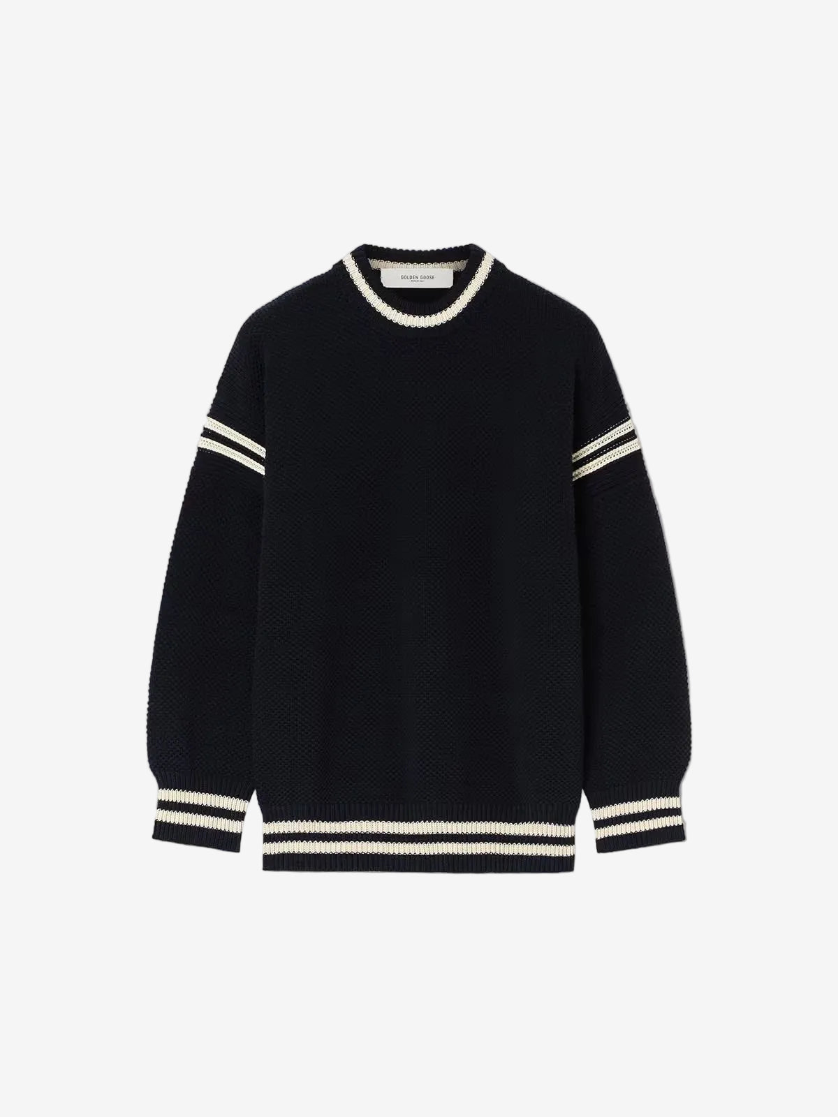 Men's boxy sweater in dark blue cotton with embroidery