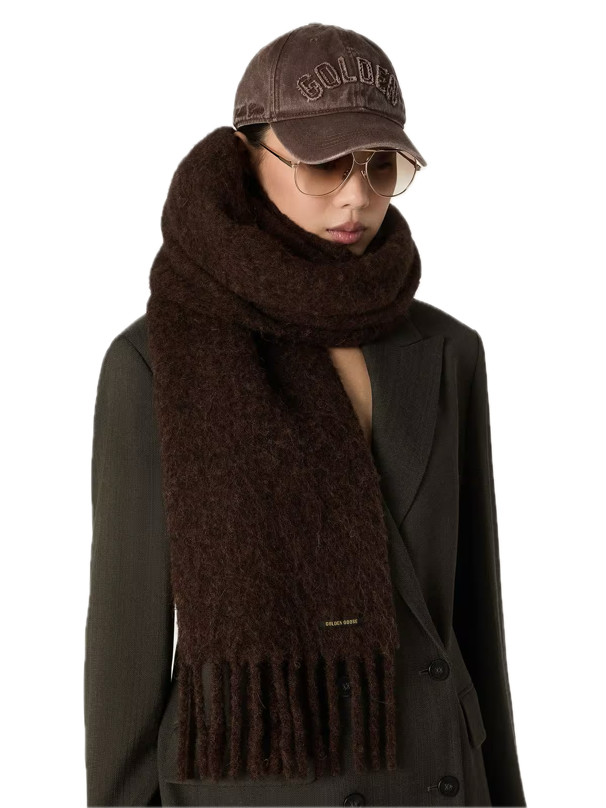 Scarf in dark brown alpaca wool with fringe
