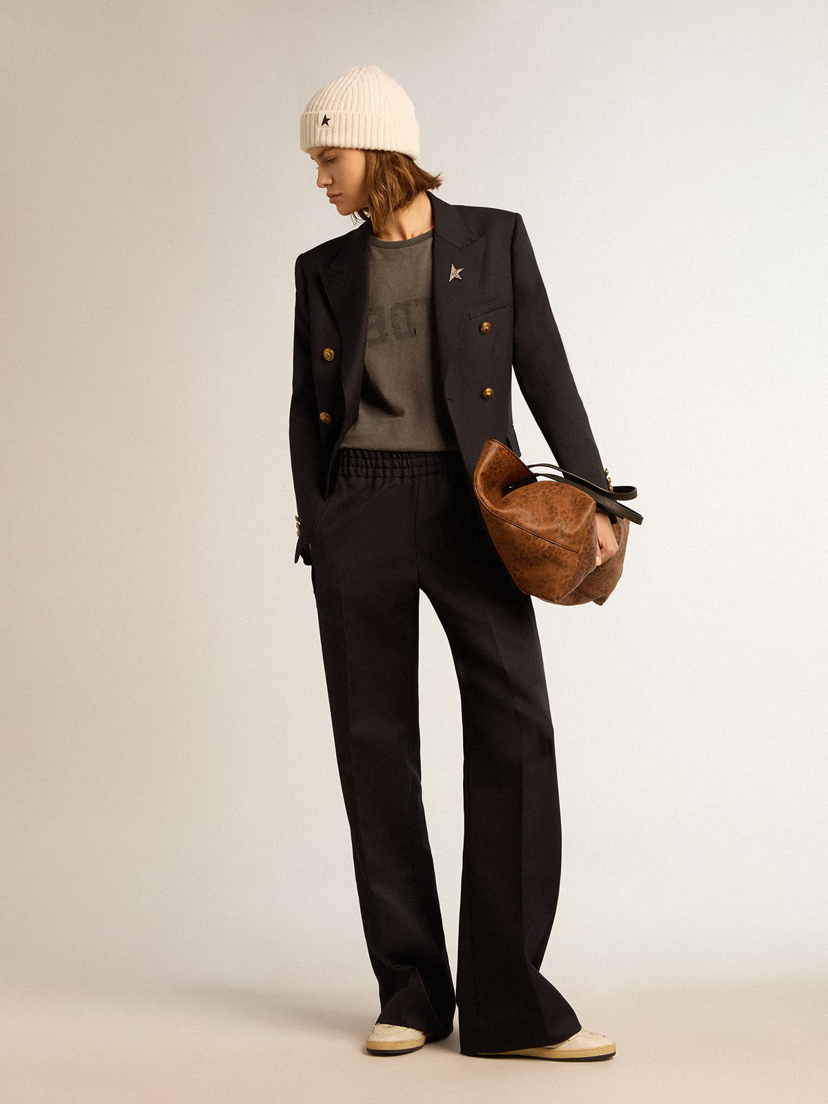 Women’s sweatpants in dark blue wool gabardine