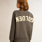 Women's round-neck sweater in dark gray cotton with logo on the back