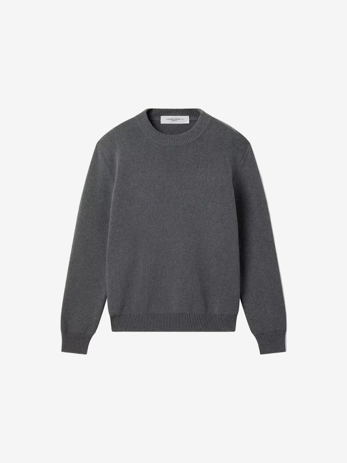 Women's round-neck sweater in dark gray cotton with logo on the back