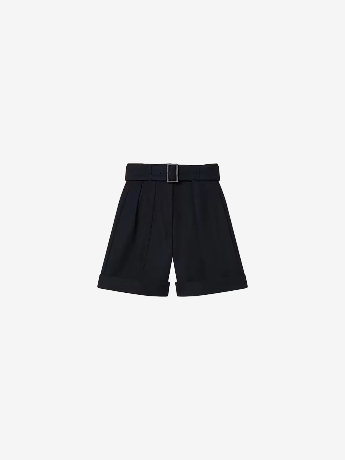 Women's shorts in black wool gabardine with waist belt