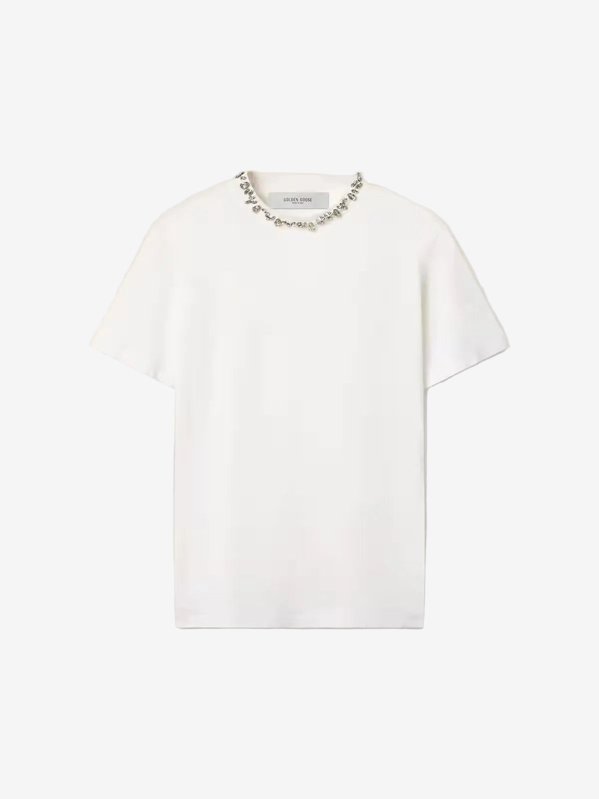Women's white T-shirt with cabochon crystals