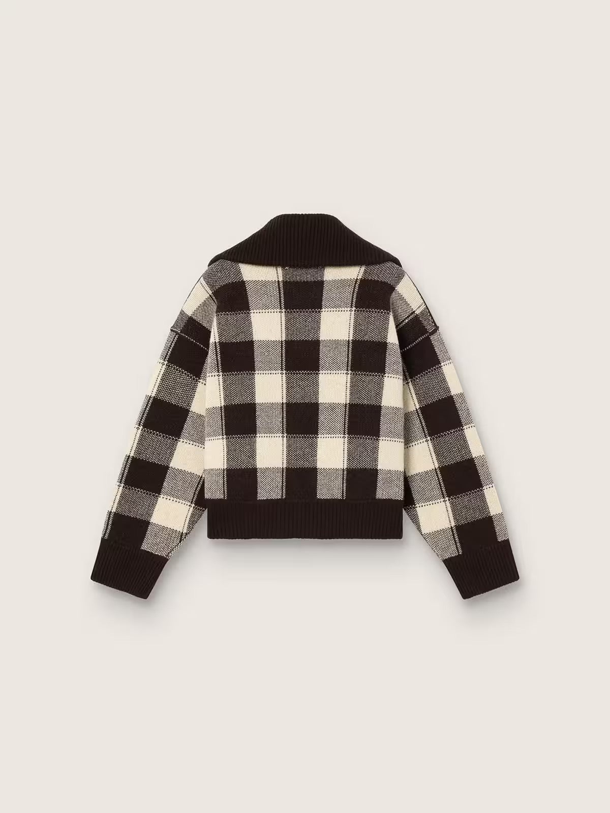 Women's bomber jacket in dark brown and cream check jacquard woo