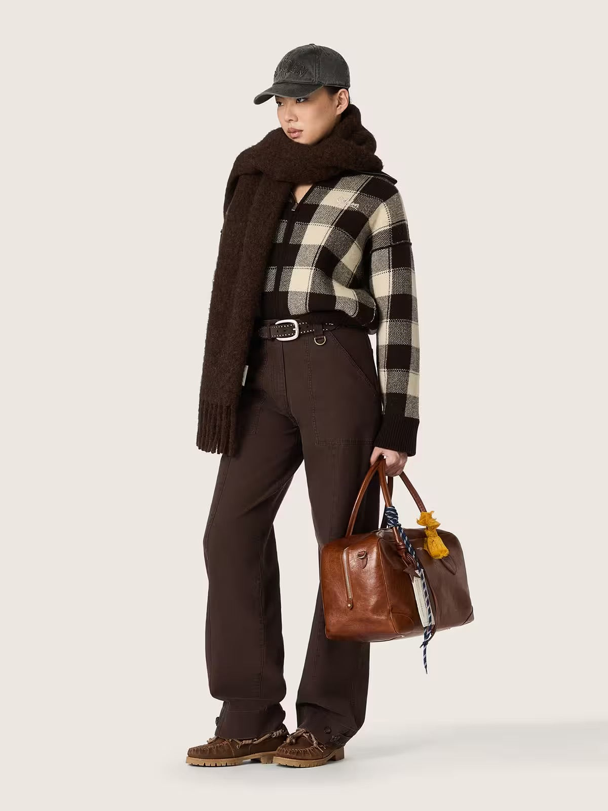 Women's bomber jacket in dark brown and cream check jacquard woo