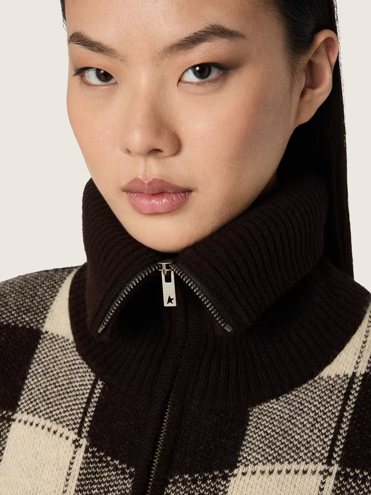 Women's bomber jacket in dark brown and cream check jacquard woo
