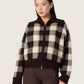 Women's bomber jacket in dark brown and cream check jacquard woo