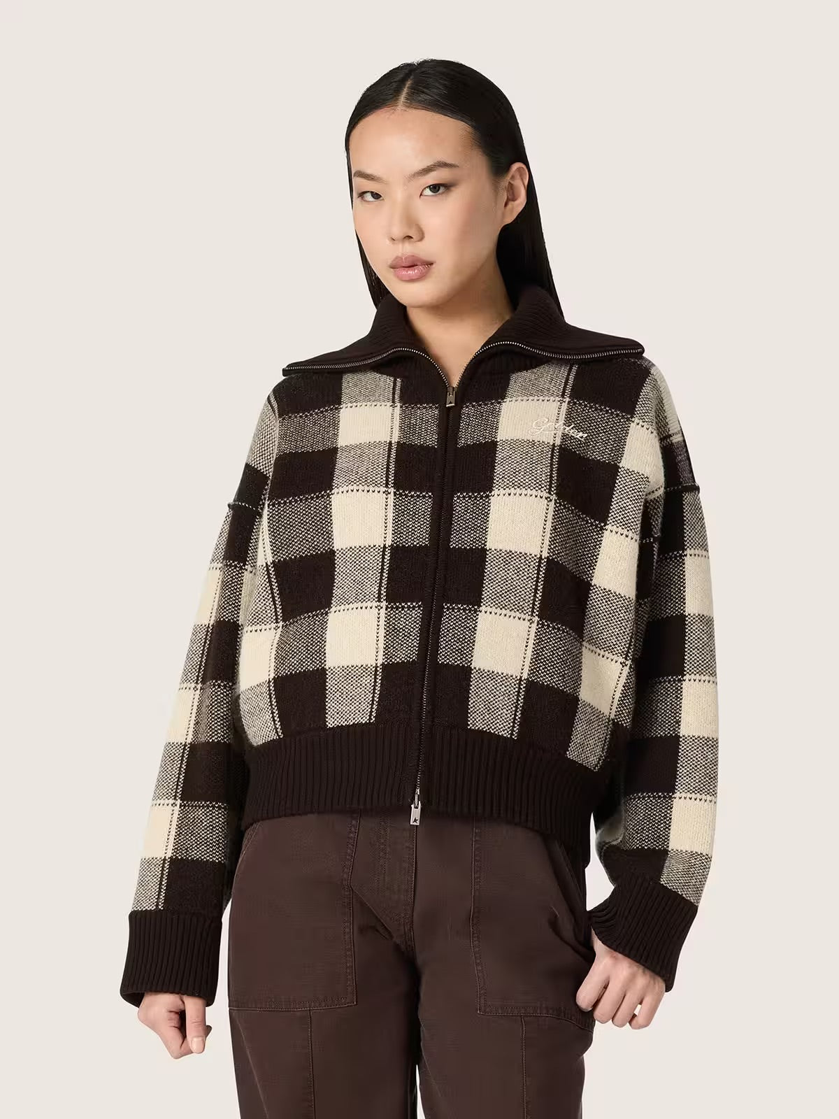 Women's bomber jacket in dark brown and cream check jacquard woo