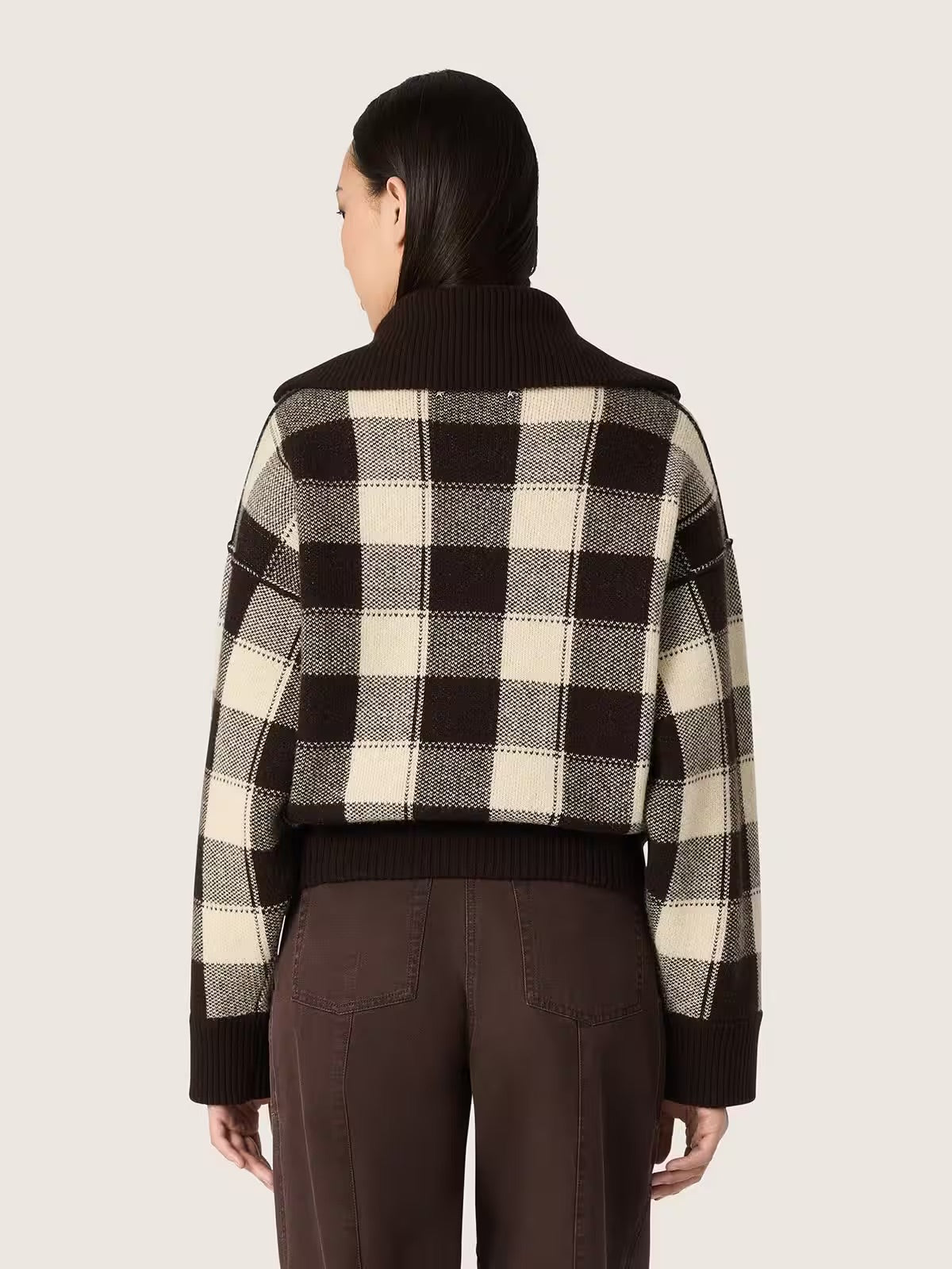 Women's bomber jacket in dark brown and cream check jacquard woo
