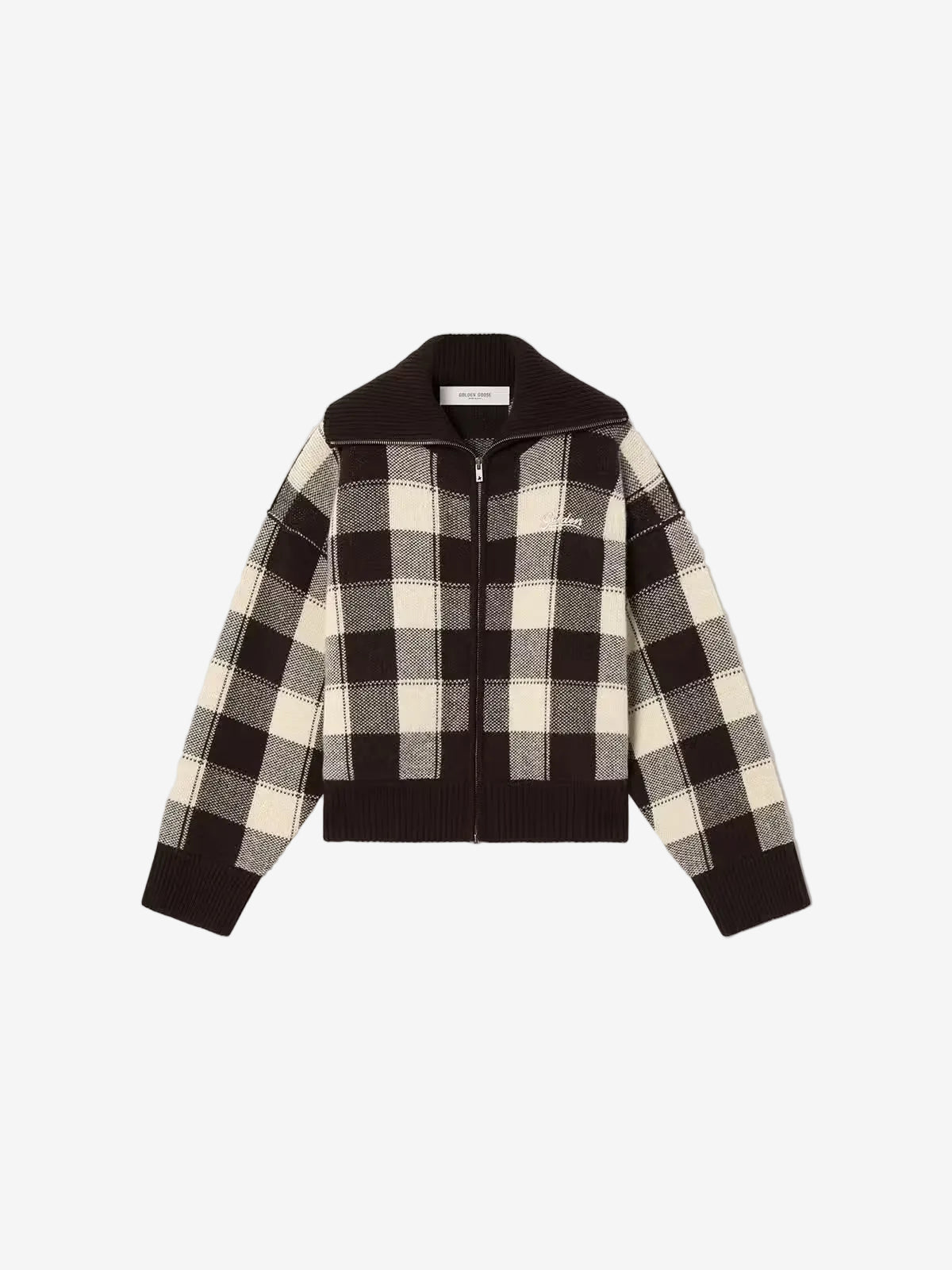 Women's bomber jacket in dark brown and cream check jacquard woo