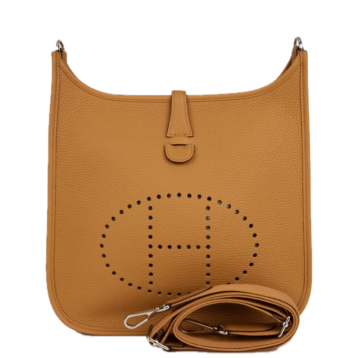 Brown leather handbag with brand logo on a white background hermes 