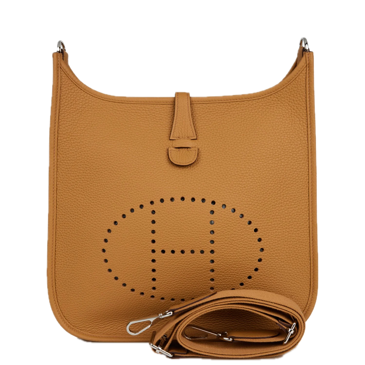 Brown leather handbag with brand logo on a white background hermes 