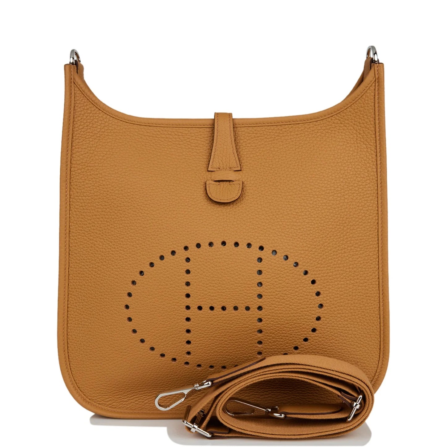 Brown leather handbag with brand logo on a white background hermes 