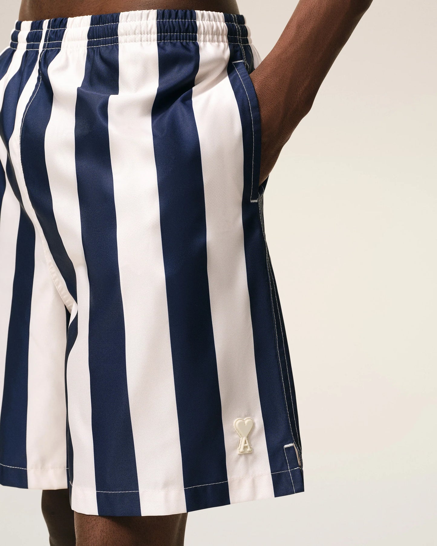 White And Navy Long Stripes Swimsuit