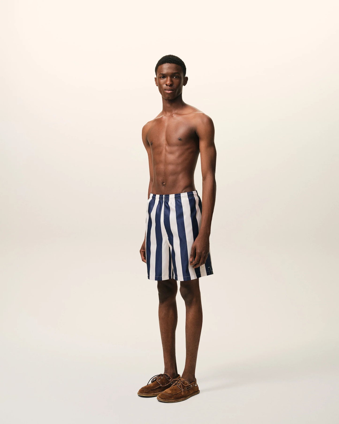 White And Navy Long Stripes Swimsuit