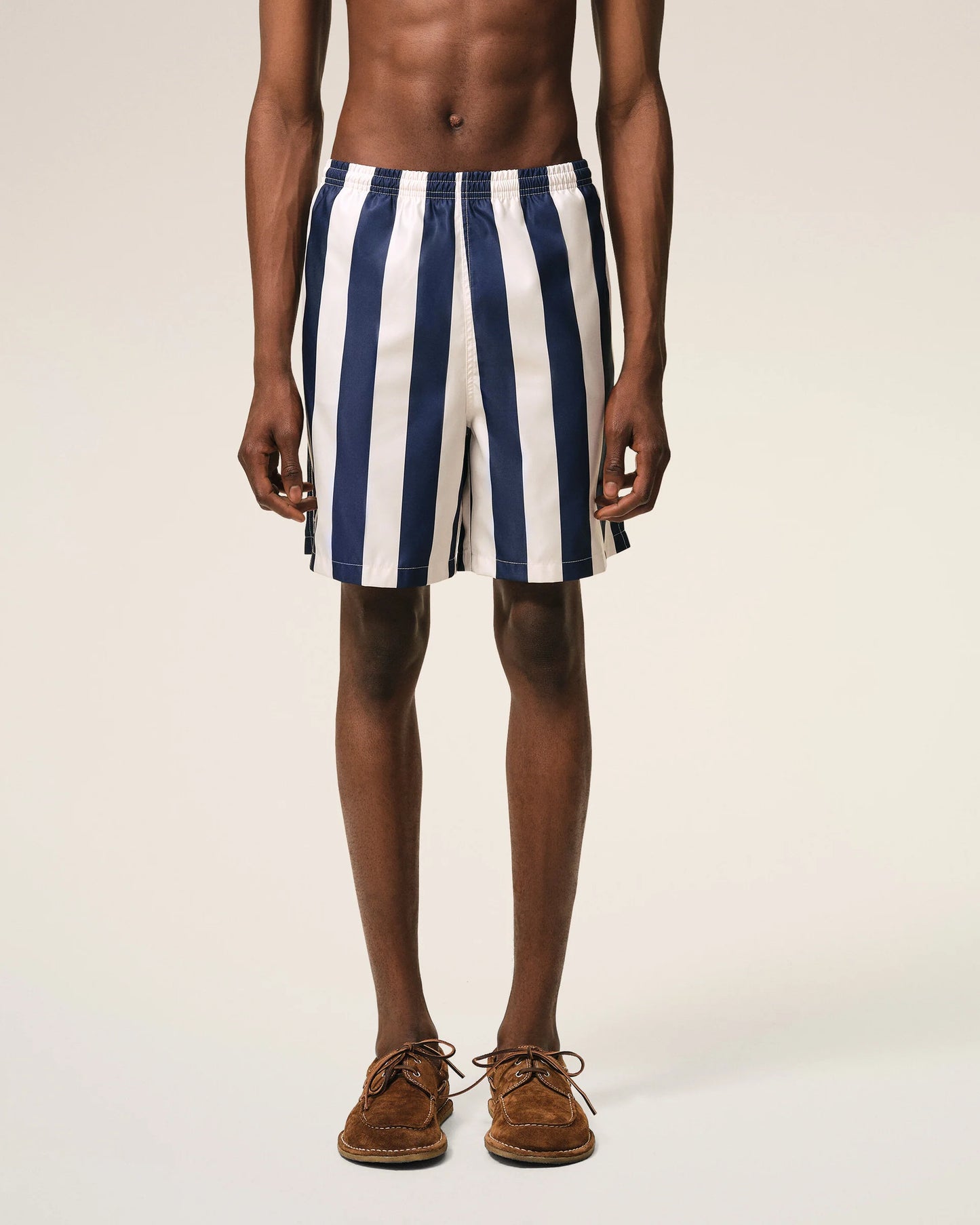 White And Navy Long Stripes Swimsuit