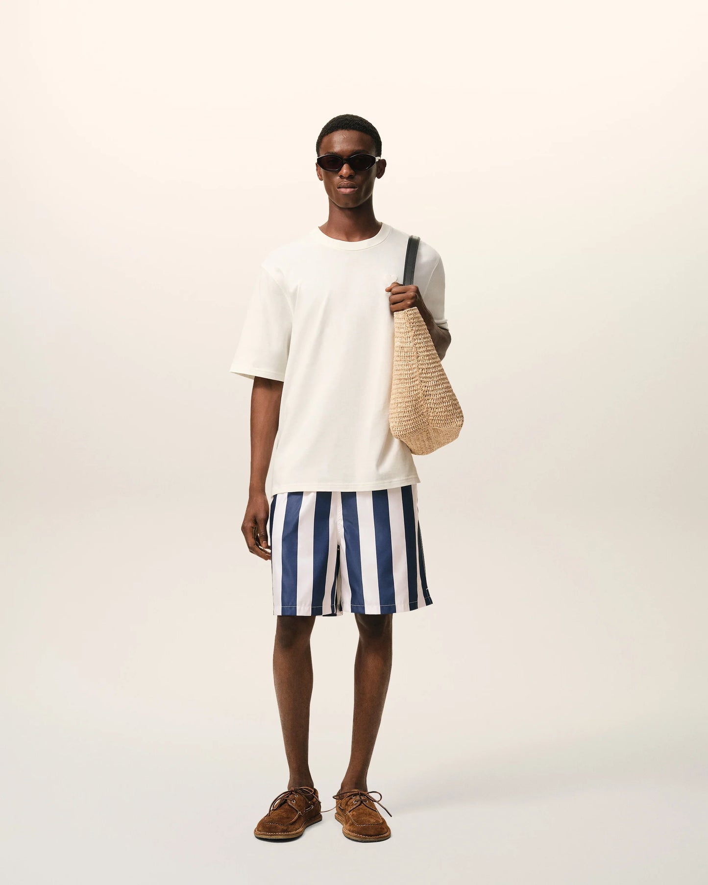 White And Navy Long Stripes Swimsuit