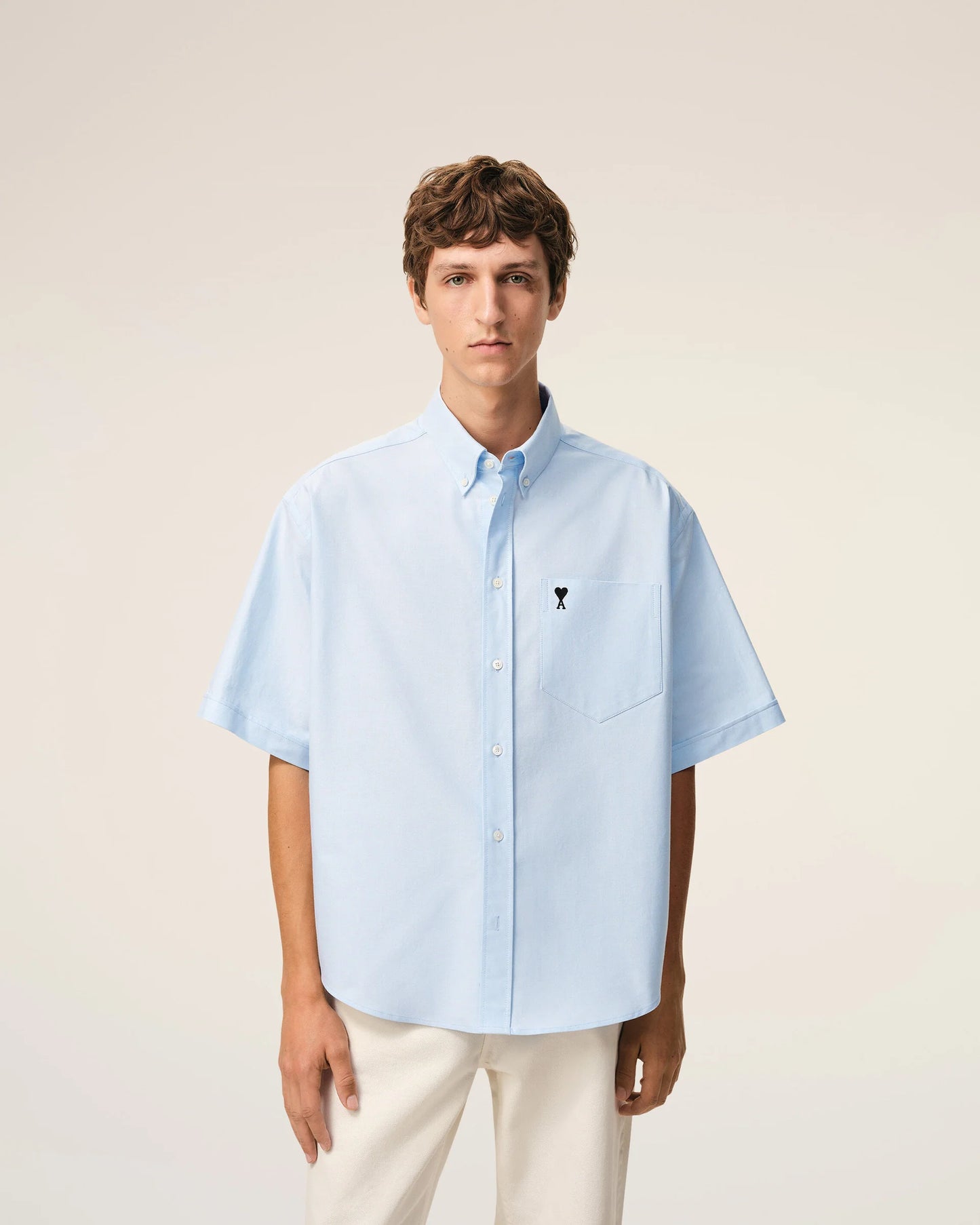Boxy Short Sleeve Shirt With Button Down Collar And Embroidered ADC