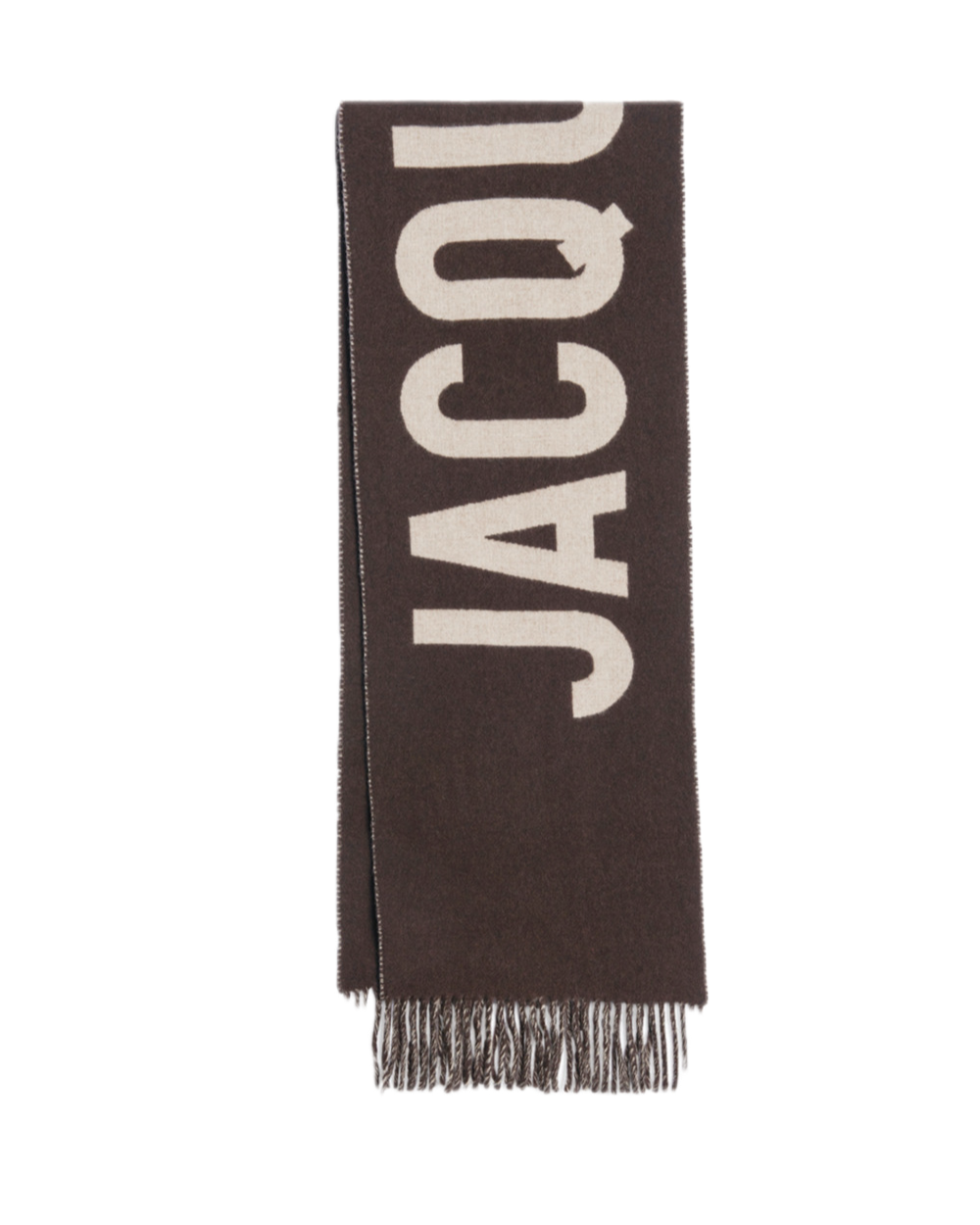 Brown scarf with 'Jacquemus' branding on a white background