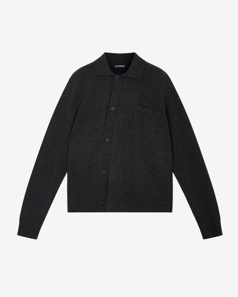 Dark gray button-up shirt on a white background