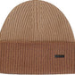 Brown knit beanie with a brand label on a white background