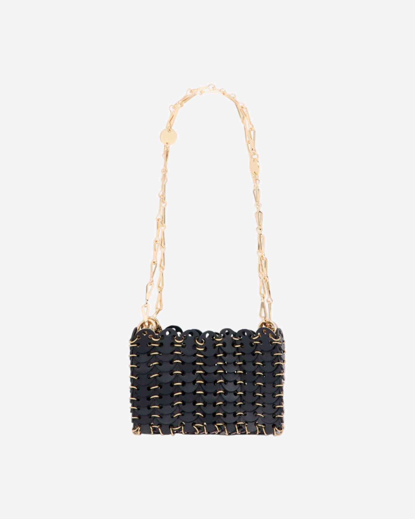 Black woven handbag with gold chain strap on a white background