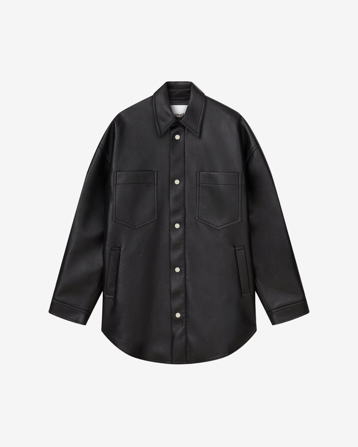 Black leather jacket with button details on a light gray background