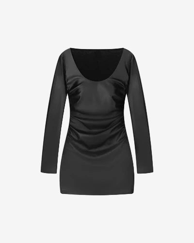 Black long-sleeve dress on a light gray background